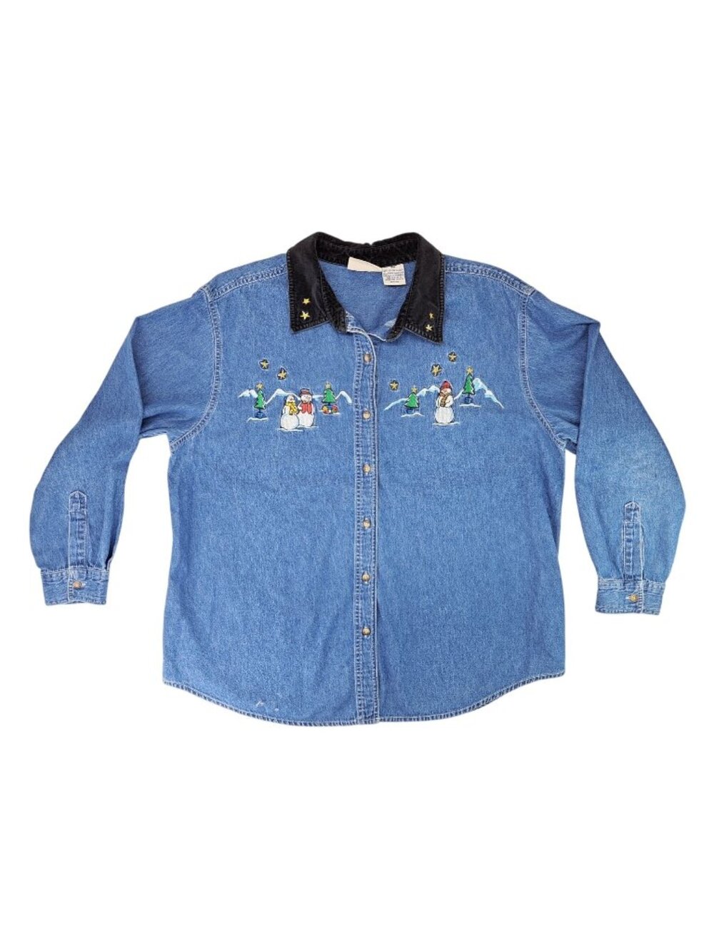 Vintage Basic Editions Christmas Denim Shirt Embroidered Snowman Velvet Size 18W